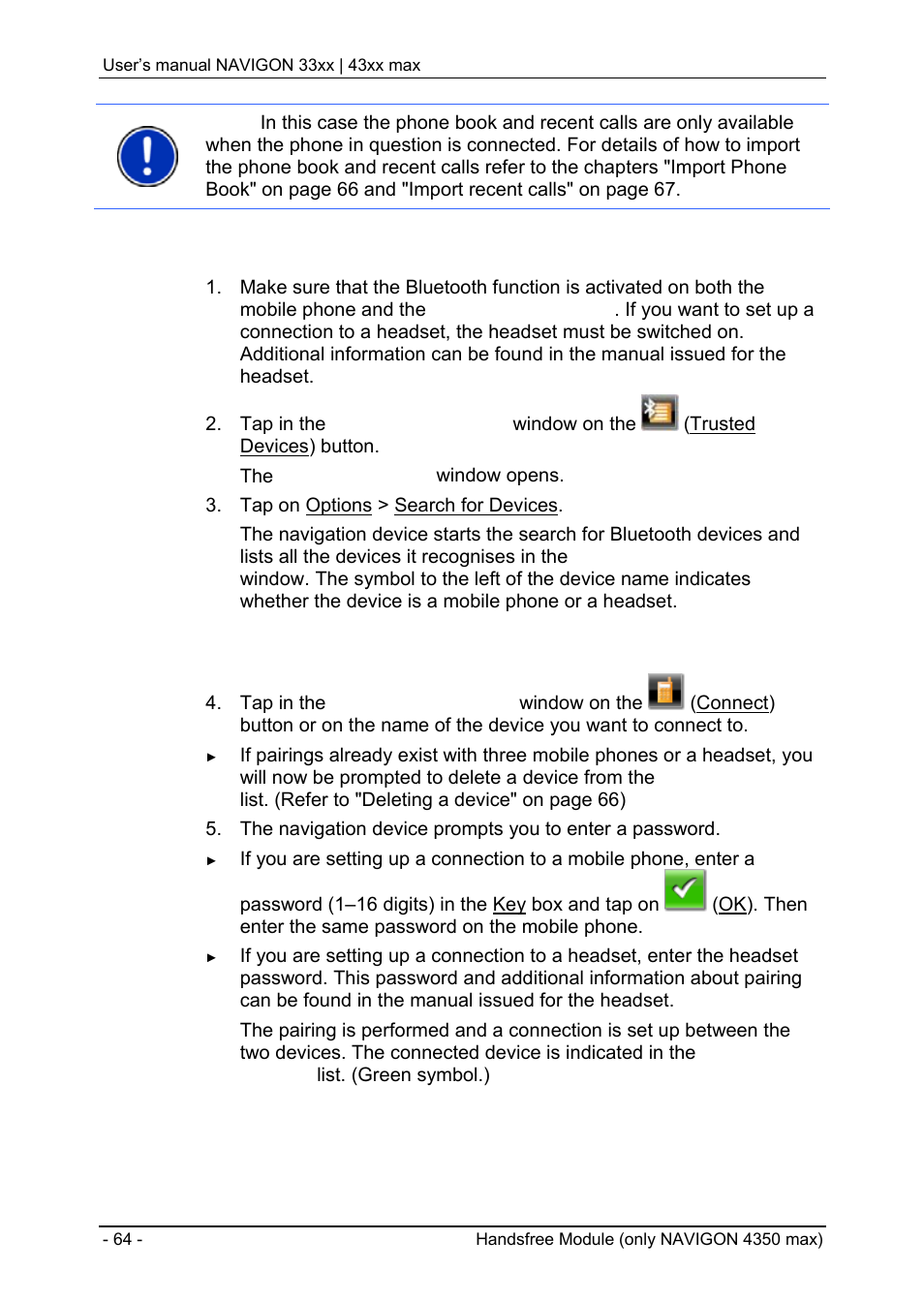 Logbook, Searching for devices, Pairing with a device | Navigon 33xx User Manual | Page 64 / 80