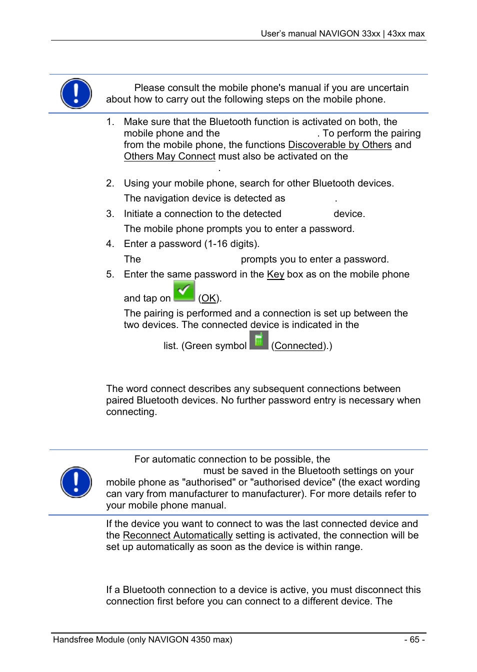 2 pairing from the mobile phone, 3 connecting to a device, Handsfree module (only navigon 4350 max) | Connecting automatically, Connecting manually | Navigon 33xx User Manual | Page 65 / 80