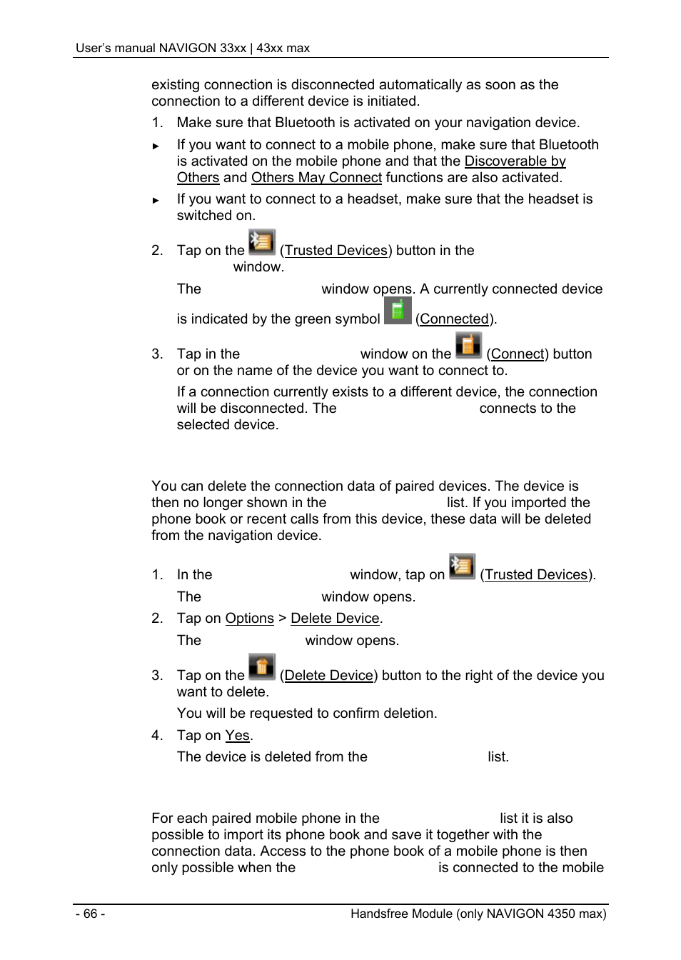4 deleting a device, 5 import phone book, Connection with mobile phone | Searching for and pairing bluetooth devices | Navigon 33xx User Manual | Page 66 / 80