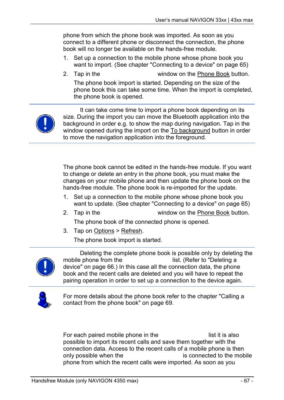 6 import recent calls, Editing and updating a phone book | Navigon 33xx User Manual | Page 67 / 80