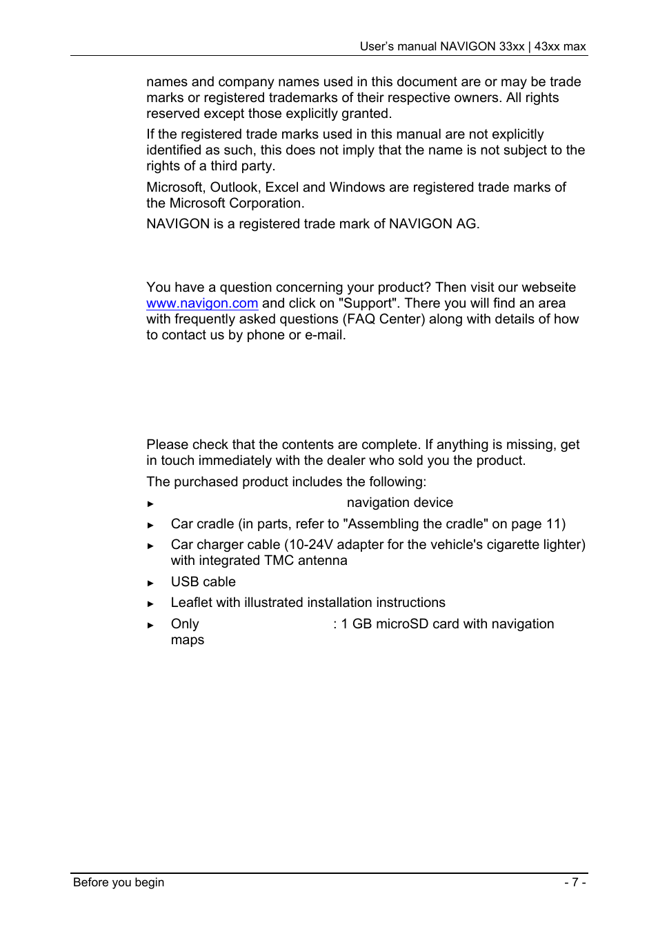 3 questions about the product, 2 before you begin, 1 scope of delivery | Trade marks, Questions about the product, Before you begin, Scope of delivery, 2before you begin | Navigon 33xx User Manual | Page 7 / 80