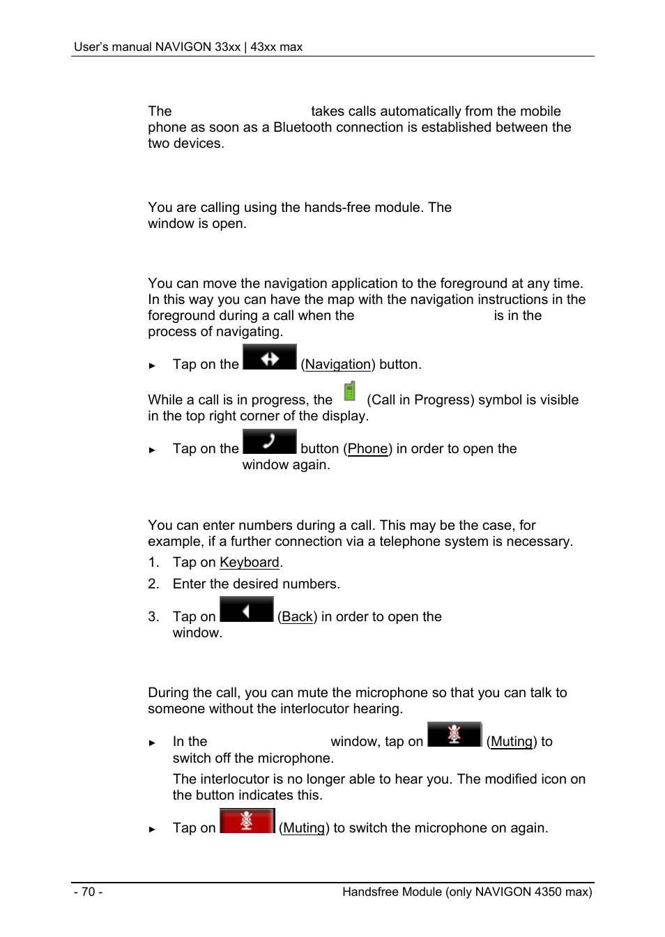 5 transferring a call from your mobile telephone, 4 during a call, 2 entering numbers | 3 muting the microphone, Import phone book | Navigon 33xx User Manual | Page 70 / 80