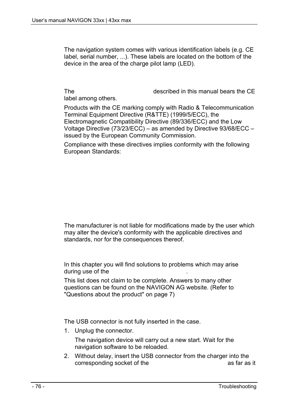 2 identification and serial number, 3 declaration of conformity, 10 troubleshooting | Preset | Navigon 33xx User Manual | Page 76 / 80