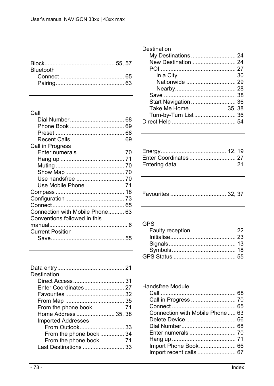 11 index, Configuring the navigon 33xx | 43xx max | Navigon 33xx User Manual | Page 78 / 80