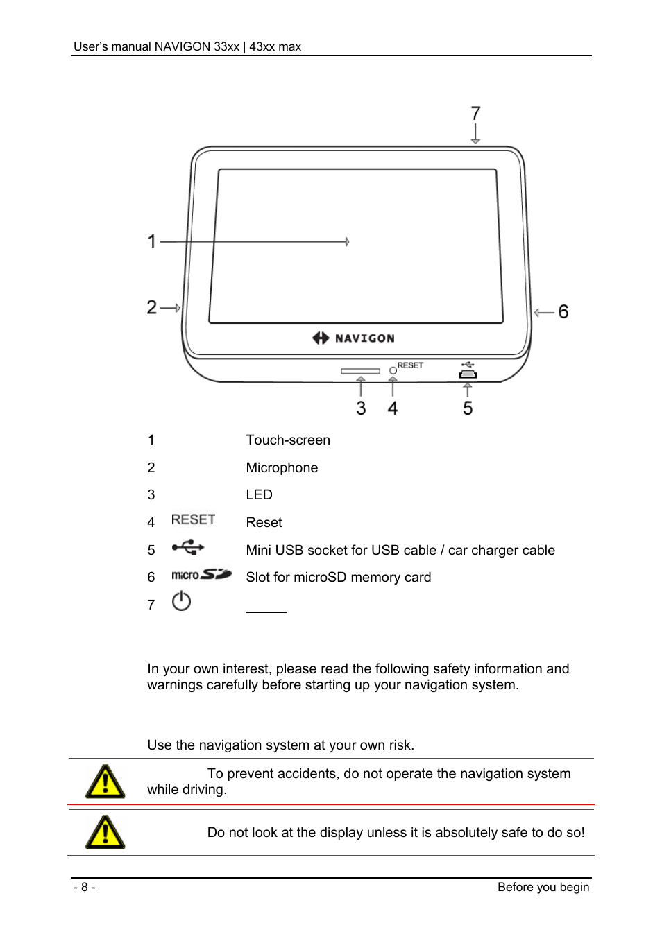 2 description of the navigon 33xx | 43xx max, 3 important safety information, 1 navigation safety information | Description of the navigon 33xx | 43xx max, Important safety information, Navigation safety information | Navigon 33xx User Manual | Page 8 / 80