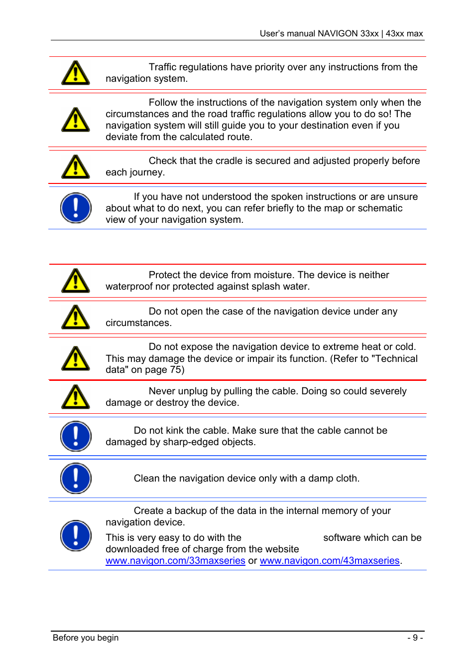 2 safety information for the navigation device, Safety information for the navigation device | Navigon 33xx User Manual | Page 9 / 80