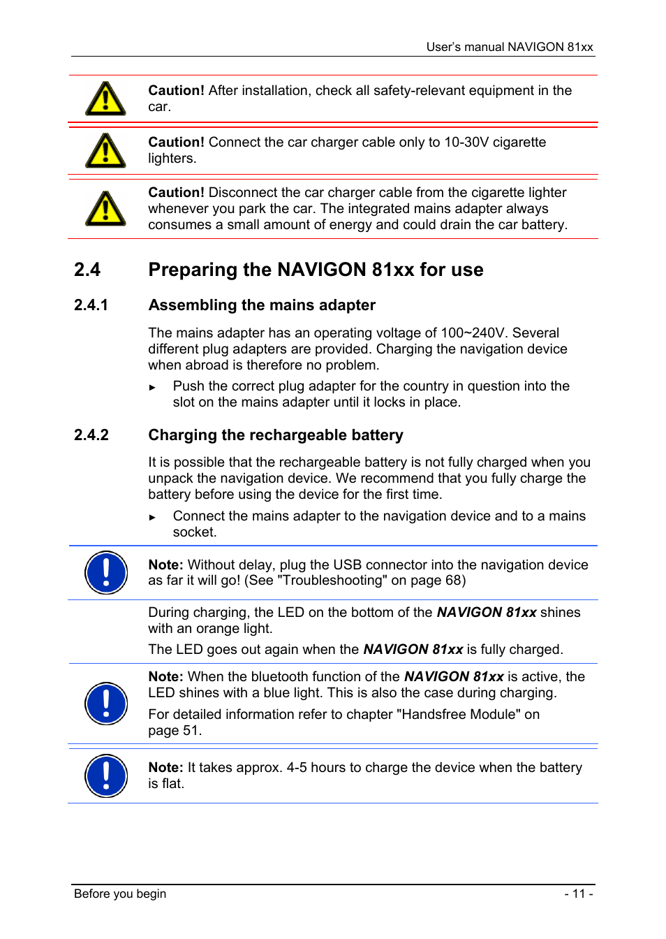 4 preparing the navigon 81xx for use, 1 assembling the mains adapter, 2 charging the rechargeable battery | Preparing the navigon 81xx for use, Assembling the mains adapter, Charging the rechargeable battery | Navigon 81XX User Manual | Page 11 / 72
