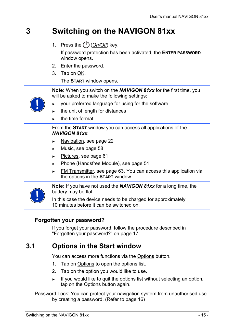 3 switching on the navigon 81xx, 1 options in the start window, Switching on the navigon 81xx | Options in the start window, 3switching on the navigon 81xx, Forgotten your password | Navigon 81XX User Manual | Page 15 / 72