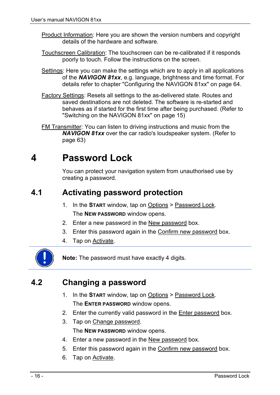 4 password lock, 1 activating password protection, 2 changing a password | Password lock, Activating password protection, Changing a password | Navigon 81XX User Manual | Page 16 / 72