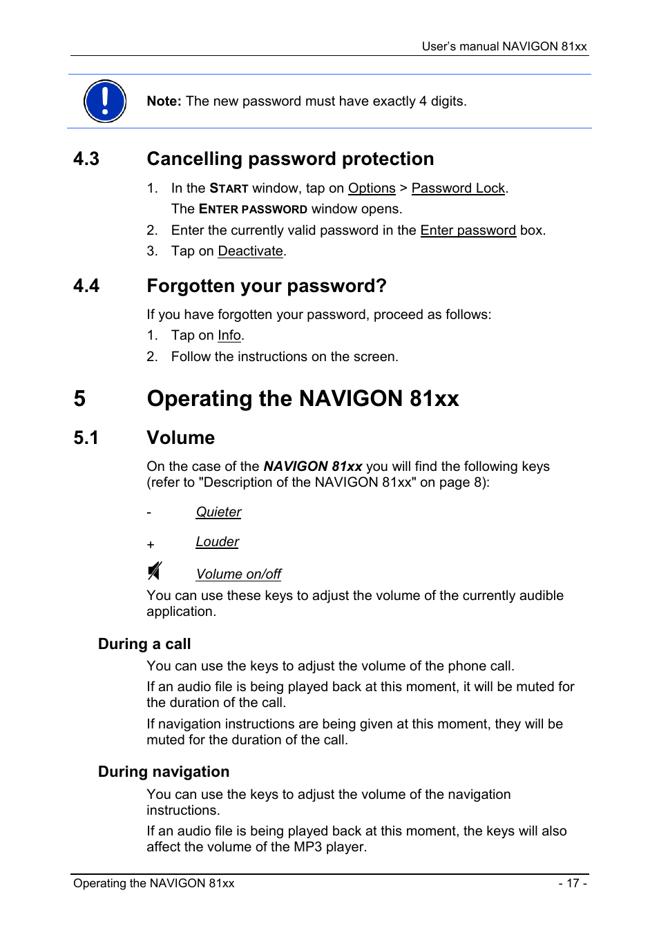 3 cancelling password protection, 4 forgotten your password, 5 operating the navigon 81xx | 1 volume, Cancelling password protection, Forgotten your password, Operating the navigon 81xx, Volume, Age 17, 5operating the navigon 81xx | Navigon 81XX User Manual | Page 17 / 72