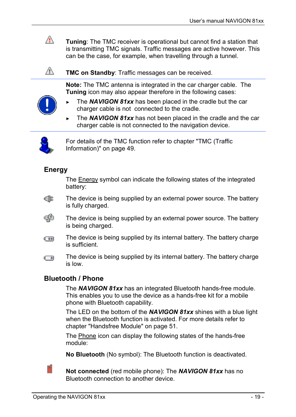 Energy, Bluetooth / phone | Navigon 81XX User Manual | Page 19 / 72