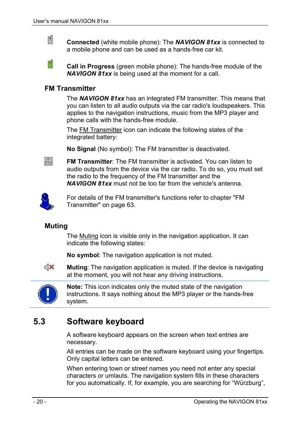 3 software keyboard, Software keyboard, Fm transmitter | Muting | Navigon 81XX User Manual | Page 20 / 72