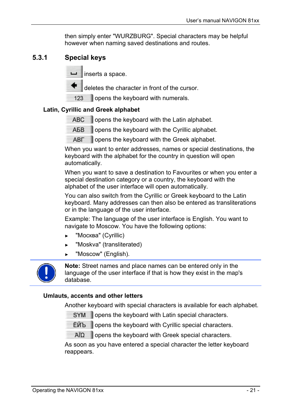 1 special keys, Special keys | Navigon 81XX User Manual | Page 21 / 72