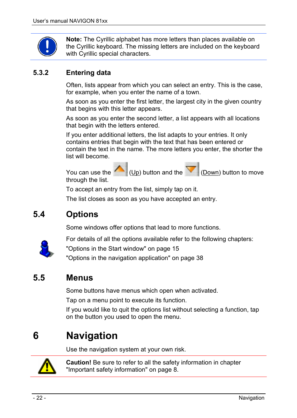 2 entering data, 4 options, 5 menus | 6 navigation, Entering data, Options, Menus, Navigation | Navigon 81XX User Manual | Page 22 / 72