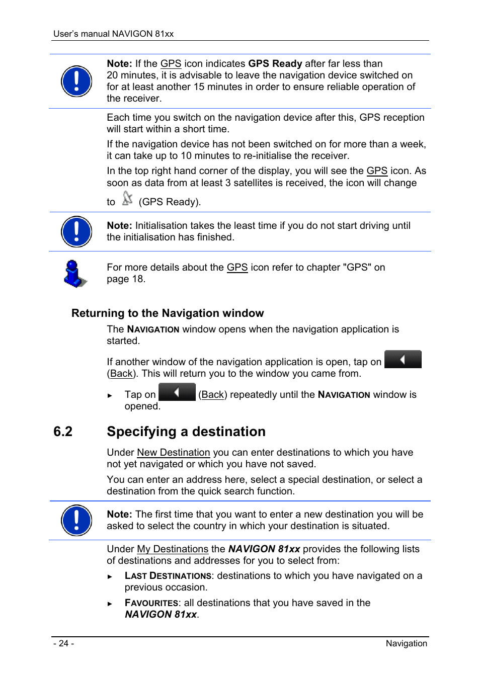 2 specifying a destination, Specifying a destination, Returning to the navigation window | Navigon 81XX User Manual | Page 24 / 72