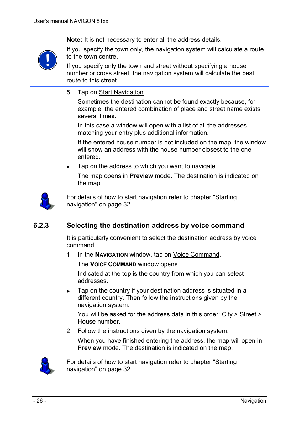 Selecting the destination address by voice command | Navigon 81XX User Manual | Page 26 / 72