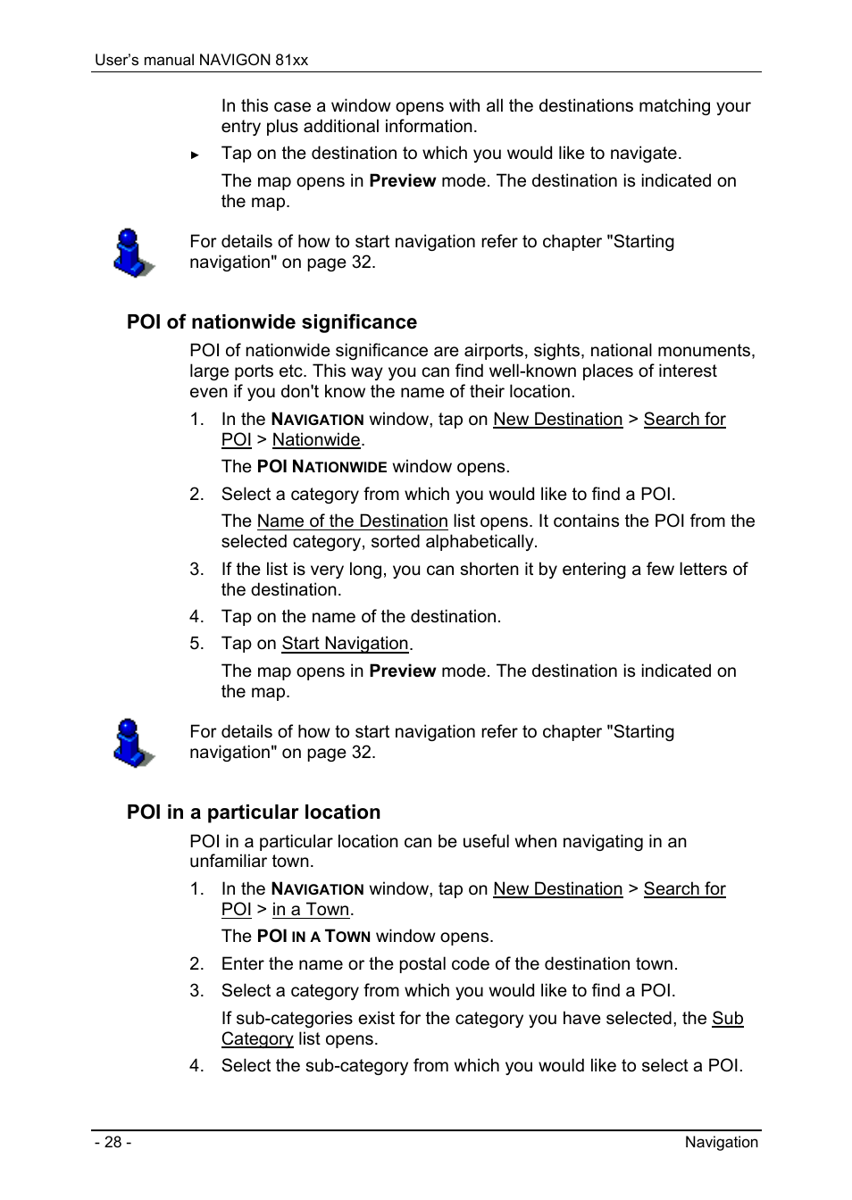 Poi of nationwide significance, Poi in a particular location | Navigon 81XX User Manual | Page 28 / 72