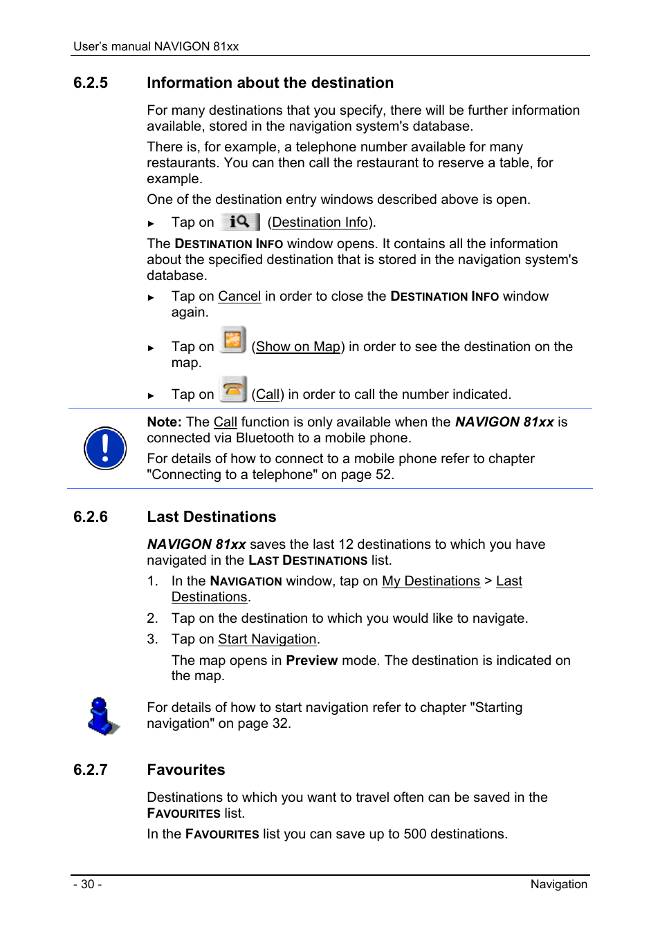 5 information about the destination, 6 last destinations, 7 favourites | Information about the destination, Last destinations, Favourites | Navigon 81XX User Manual | Page 30 / 72