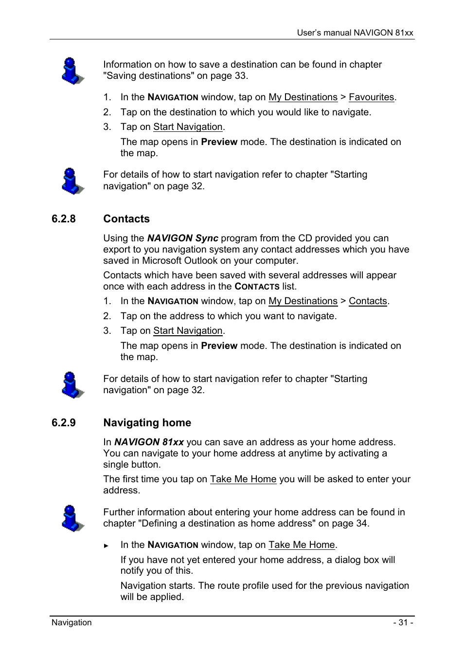 8 contacts, 9 navigating home, Contacts | Navigating home | Navigon 81XX User Manual | Page 31 / 72