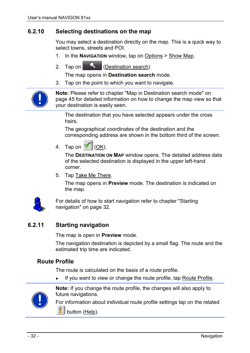 10 selecting destinations on the map, 11 starting navigation, Selecting destinations on the map | Starting navigation, Starting navigation" on p, Route profile | Navigon 81XX User Manual | Page 32 / 72