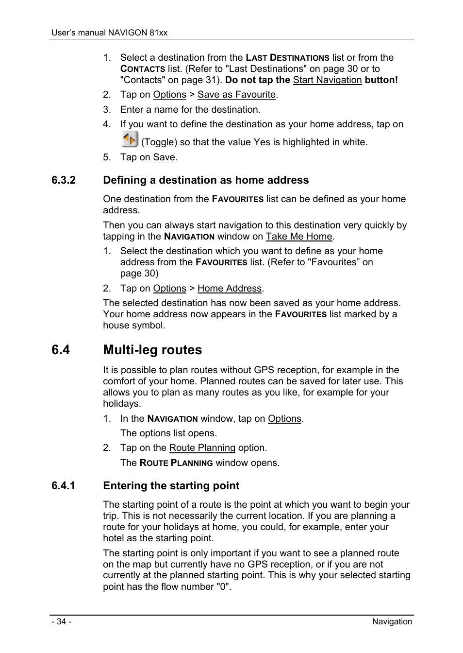 2 defining a destination as home address, 4 multi-leg routes, 1 entering the starting point | Defining a destination as home address, Multi-leg routes, Entering the starting point | Navigon 81XX User Manual | Page 34 / 72
