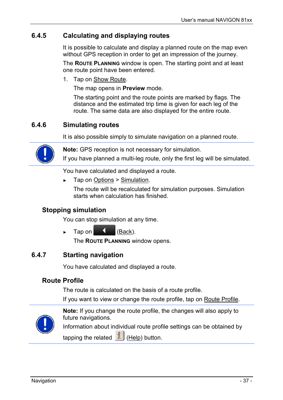 5 calculating and displaying routes, 6 simulating routes, 7 starting navigation | Calculating and displaying routes, Simulating routes, Starting navigation, Stopping simulation, Route profile | Navigon 81XX User Manual | Page 37 / 72