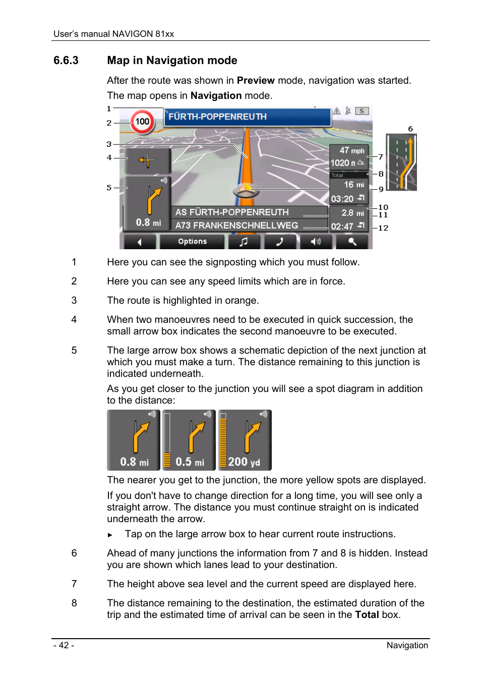 3 map in navigation mode, Map in navigation mode | Navigon 81XX User Manual | Page 42 / 72