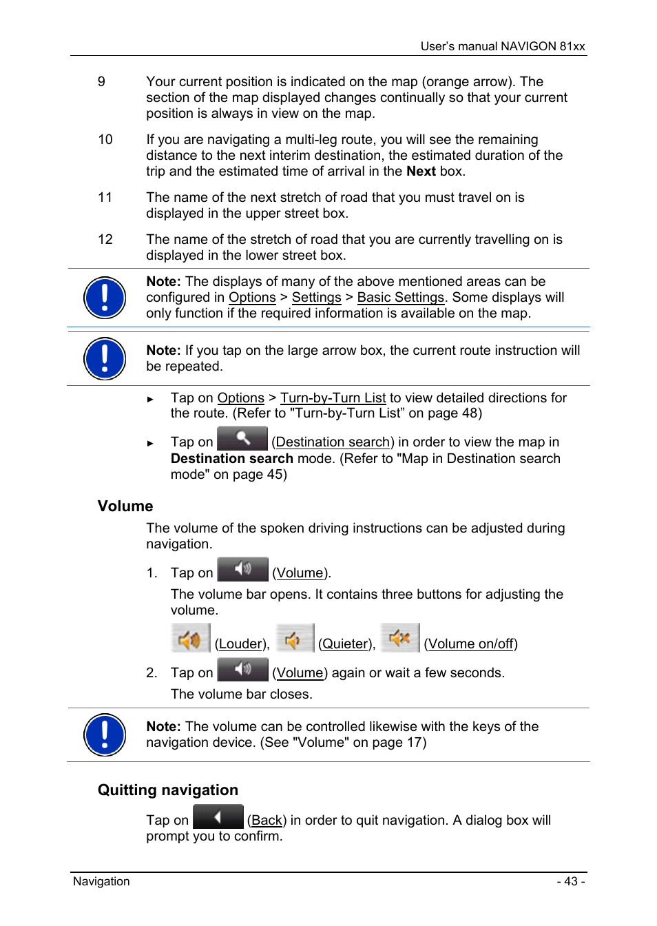 Volume, Quitting navigation | Navigon 81XX User Manual | Page 43 / 72