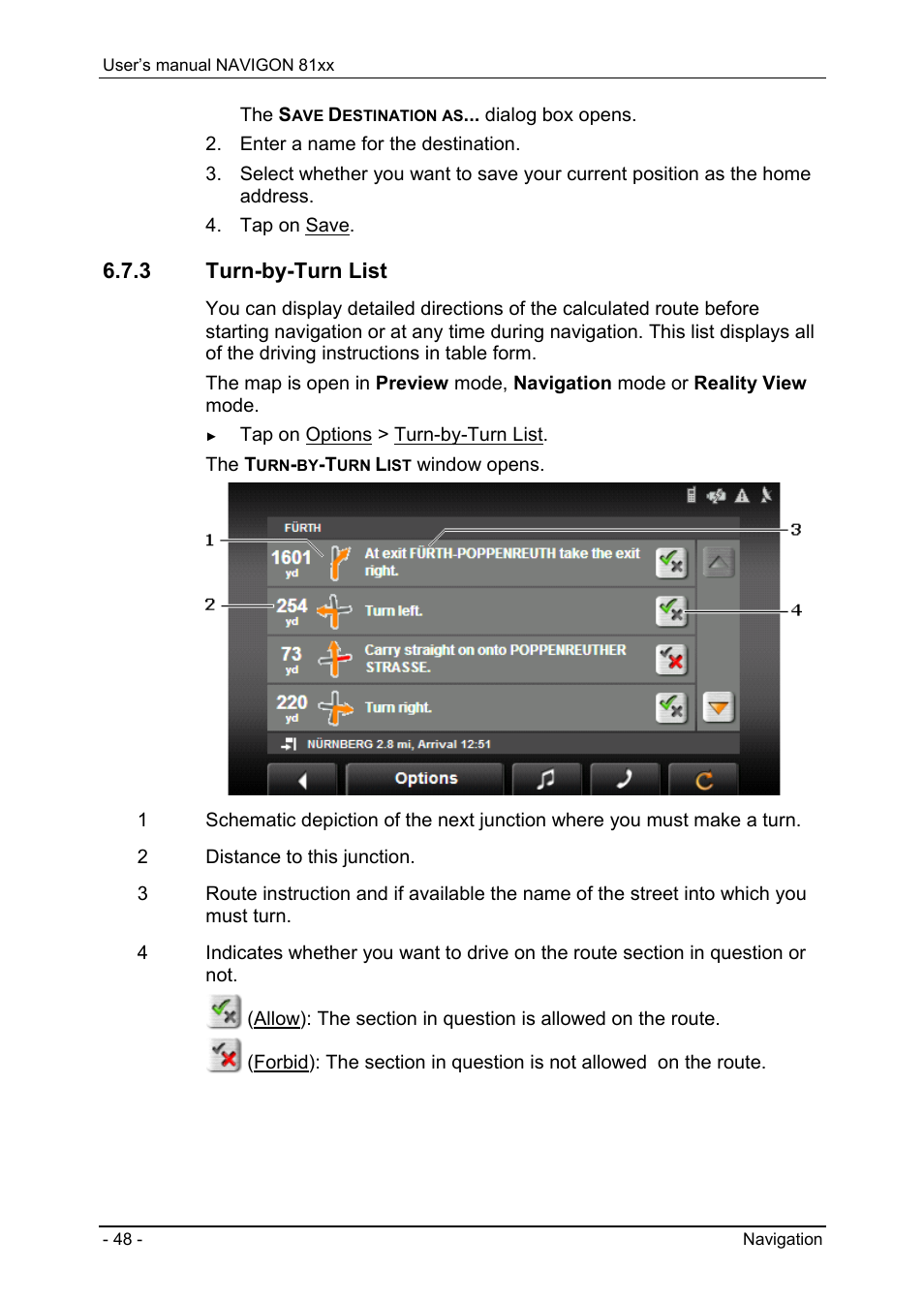 3 turn-by-turn list, Turn-by-turn list | Navigon 81XX User Manual | Page 48 / 72