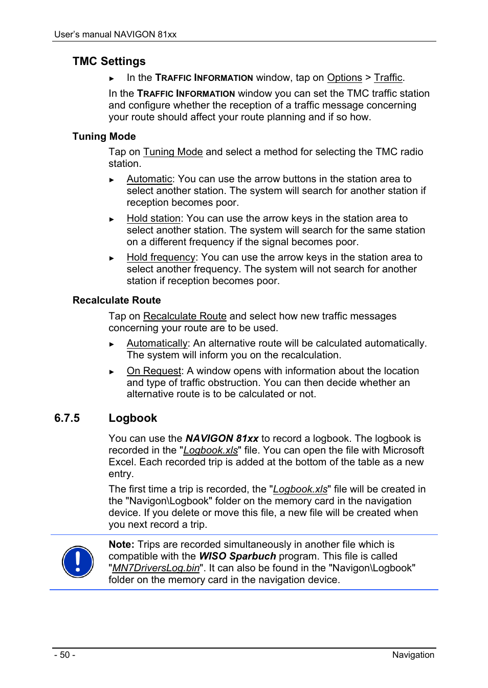 5 logbook, Logbook, Tmc settings | Navigon 81XX User Manual | Page 50 / 72