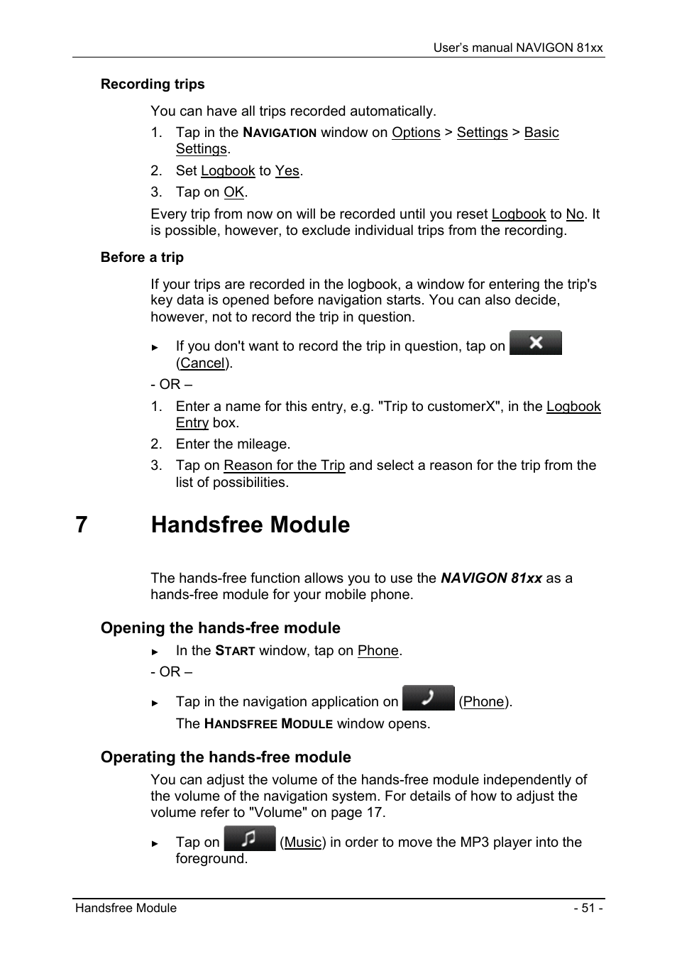 7 handsfree module, Handsfree module, Age 51 | Navigon 81XX User Manual | Page 51 / 72