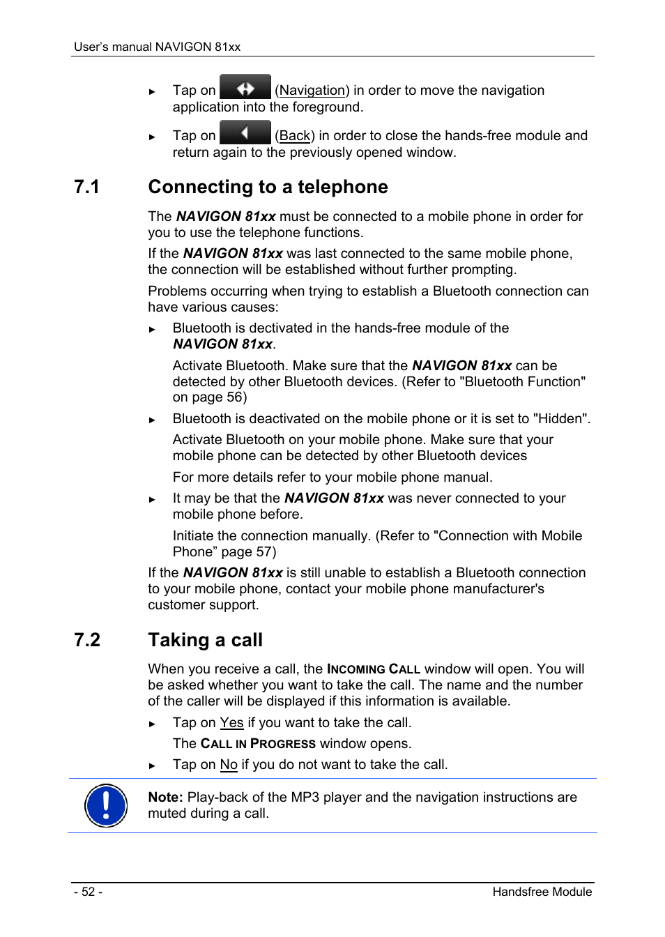 1 connecting to a telephone, 2 taking a call, Connecting to a telephone | Taking a call, Connecting to a telephone" on | Navigon 81XX User Manual | Page 52 / 72