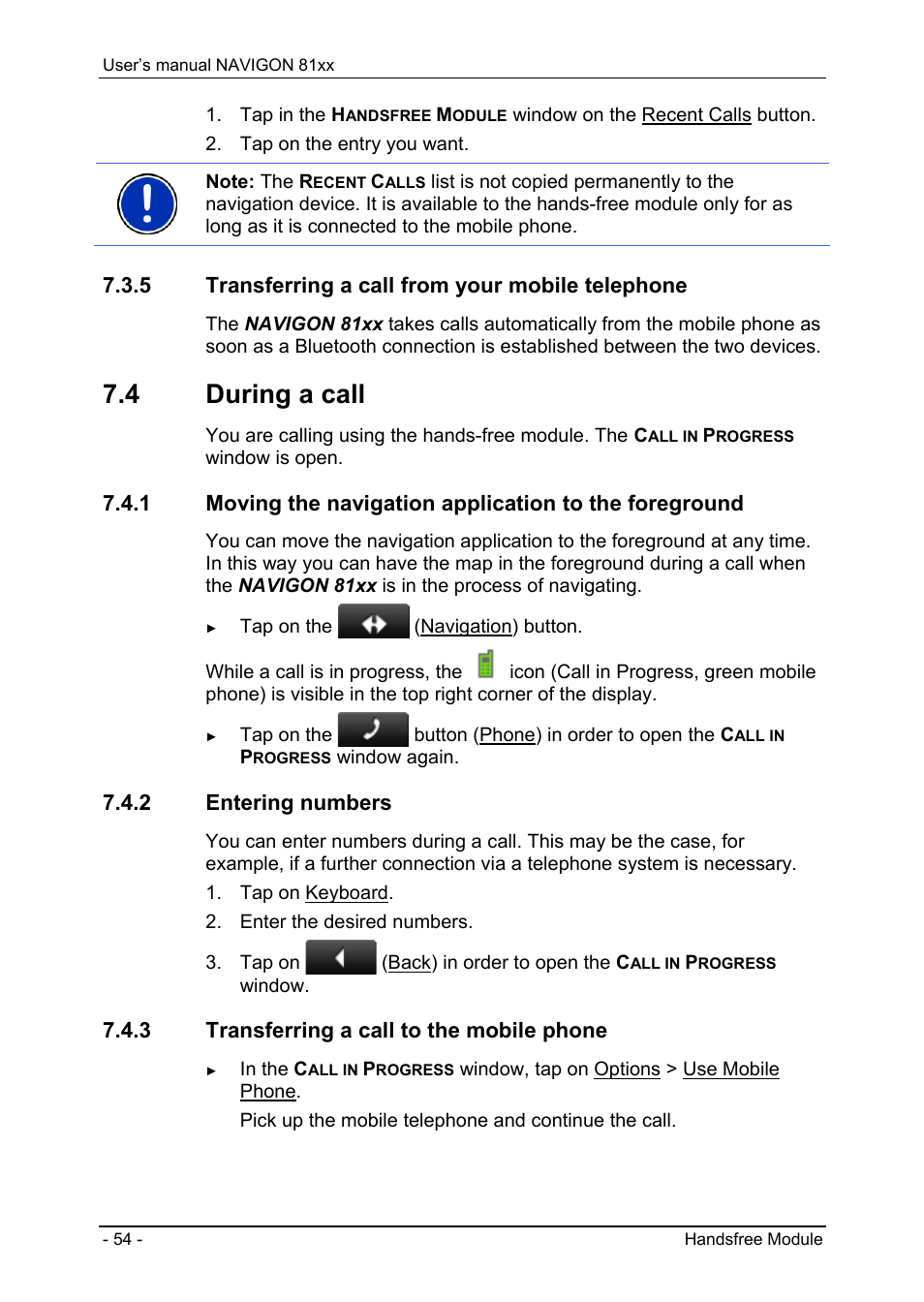 5 transferring a call from your mobile telephone, 4 during a call, 2 entering numbers | 3 transferring a call to the mobile phone, Transferring a call from your mobile telephone, During a call, Entering numbers, Transferring a call to the mobile phone | Navigon 81XX User Manual | Page 54 / 72