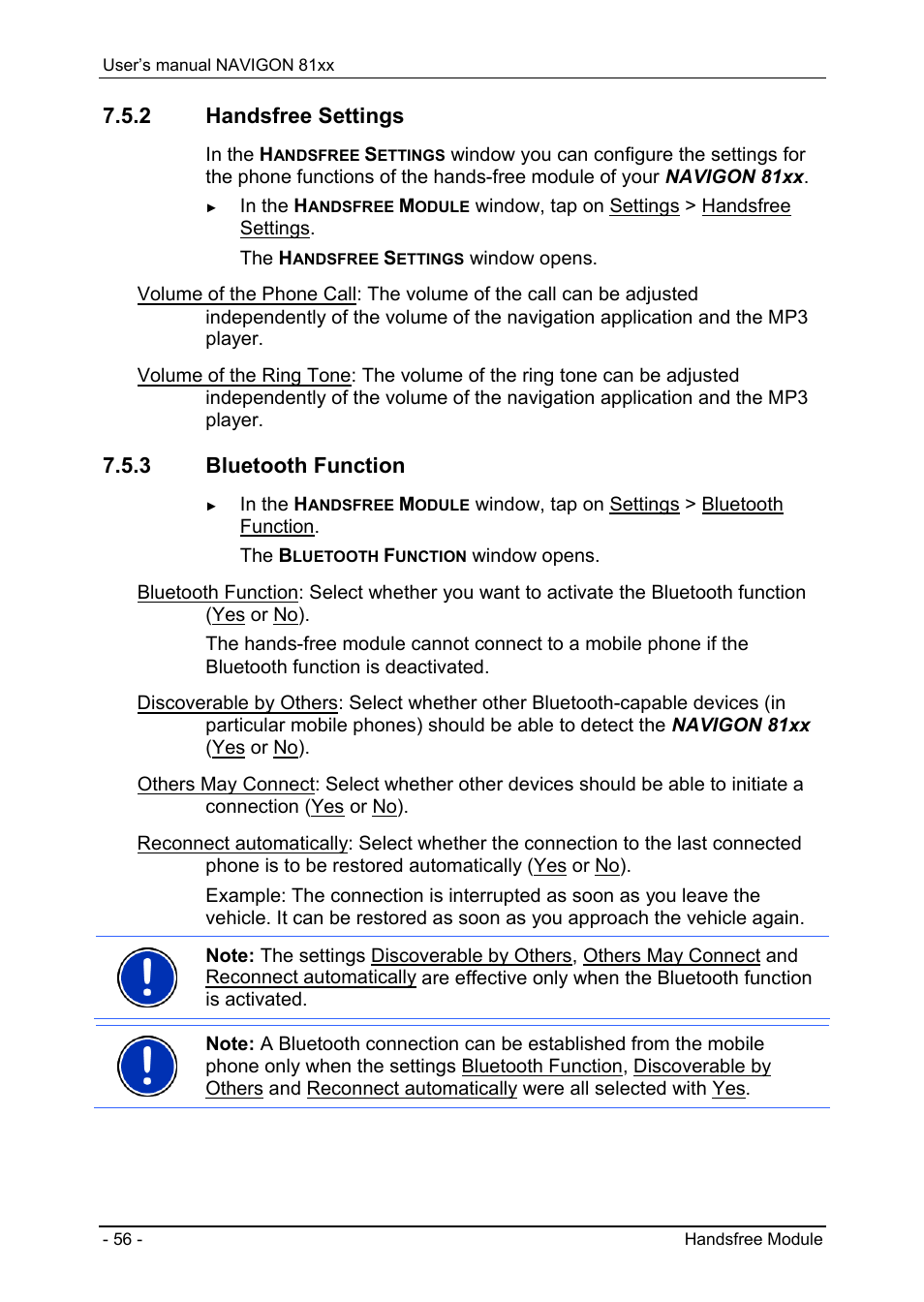 2 handsfree settings, 3 bluetooth function, Handsfree settings | Bluetooth function | Navigon 81XX User Manual | Page 56 / 72