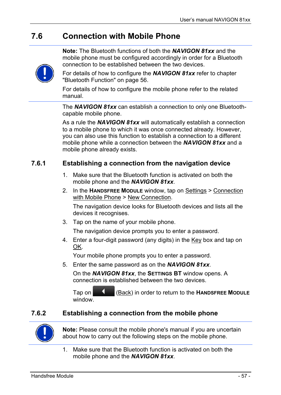 6 connection with mobile phone, 2 establishing a connection from the mobile phone, Connection with mobile phone | Establishing a connection from the mobile phone | Navigon 81XX User Manual | Page 57 / 72