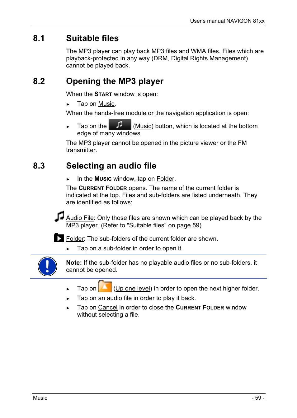1 suitable files, 2 opening the mp3 player, 3 selecting an audio file | Suitable files, Opening the mp3 player, Selecting an audio file | Navigon 81XX User Manual | Page 59 / 72