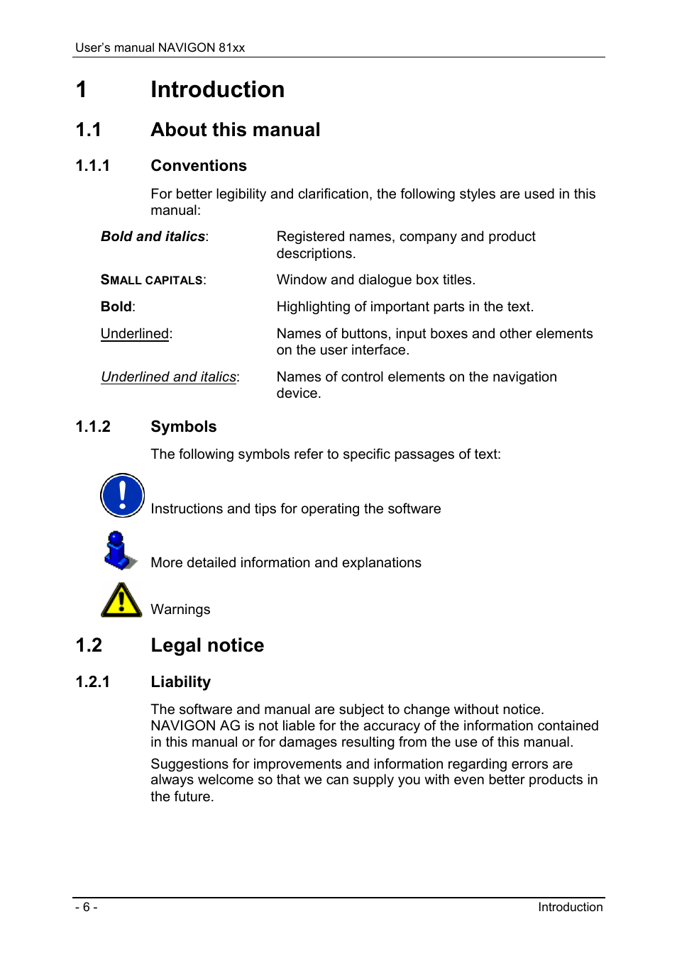 1 introduction, 1 about this manual, 1 conventions | 2 symbols, 2 legal notice, 1 liability, Introduction, About this manual, Conventions, Symbols | Navigon 81XX User Manual | Page 6 / 72