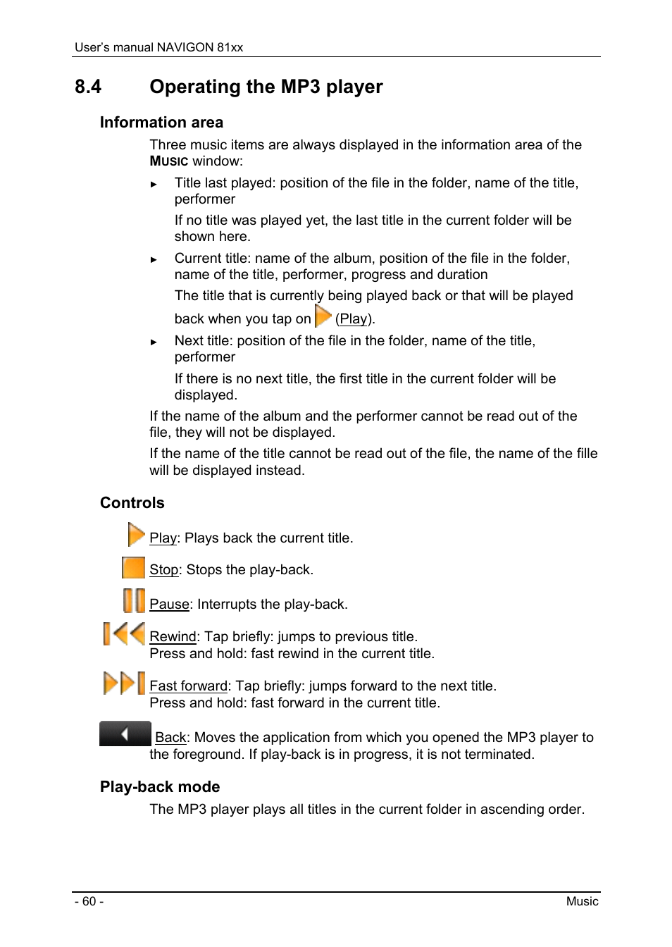 4 operating the mp3 player, Operating the mp3 player | Navigon 81XX User Manual | Page 60 / 72