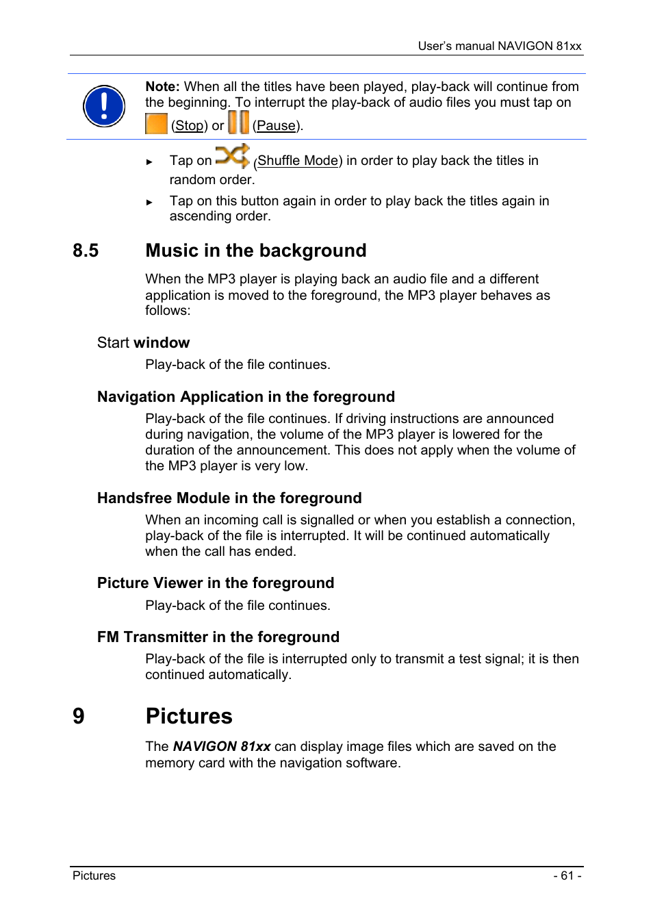5 music in the background, 9 pictures, Music in the background | Pictures | Navigon 81XX User Manual | Page 61 / 72