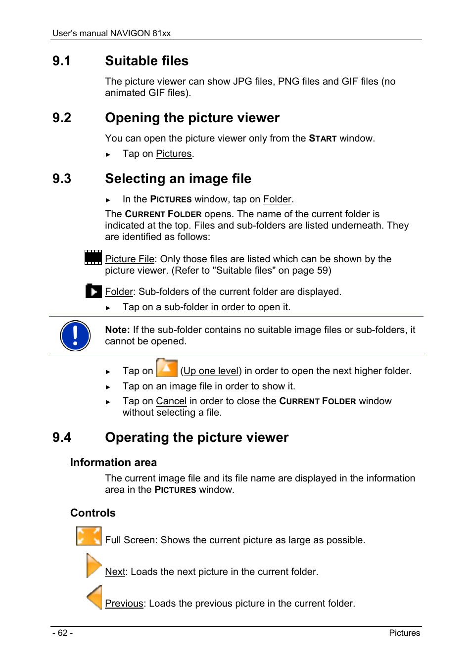 1 suitable files, 2 opening the picture viewer, 3 selecting an image file | 4 operating the picture viewer, Suitable files, Opening the picture viewer, Selecting an image file, Operating the picture viewer | Navigon 81XX User Manual | Page 62 / 72