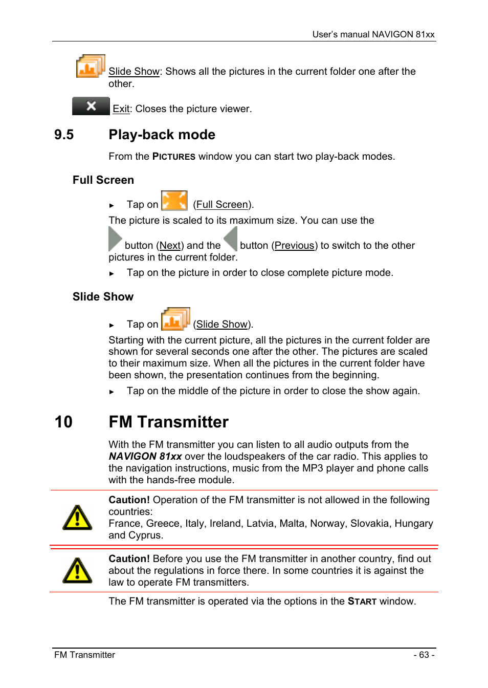 5 play-back mode, 10 fm transmitter, Play-back mode | Fm transmitter, Full screen, Slide show | Navigon 81XX User Manual | Page 63 / 72