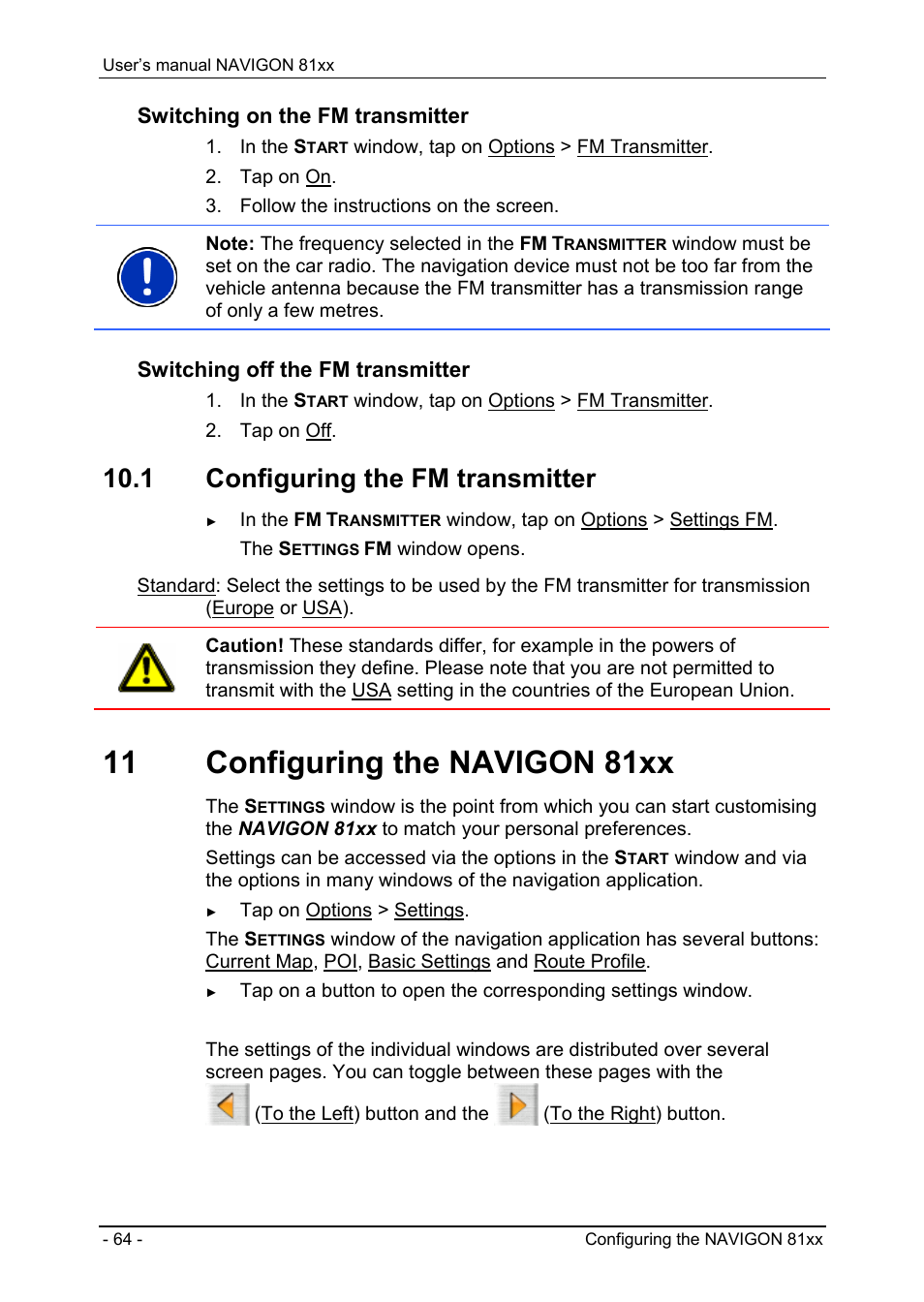 1 configuring the fm transmitter, 11 configuring the navigon 81xx, Configuring the fm transmitter | Configuring the navigon 81xx, O chapter "configuring the navigon 81xx" on, Switching on the fm transmitter, Switching off the fm transmitter | Navigon 81XX User Manual | Page 64 / 72