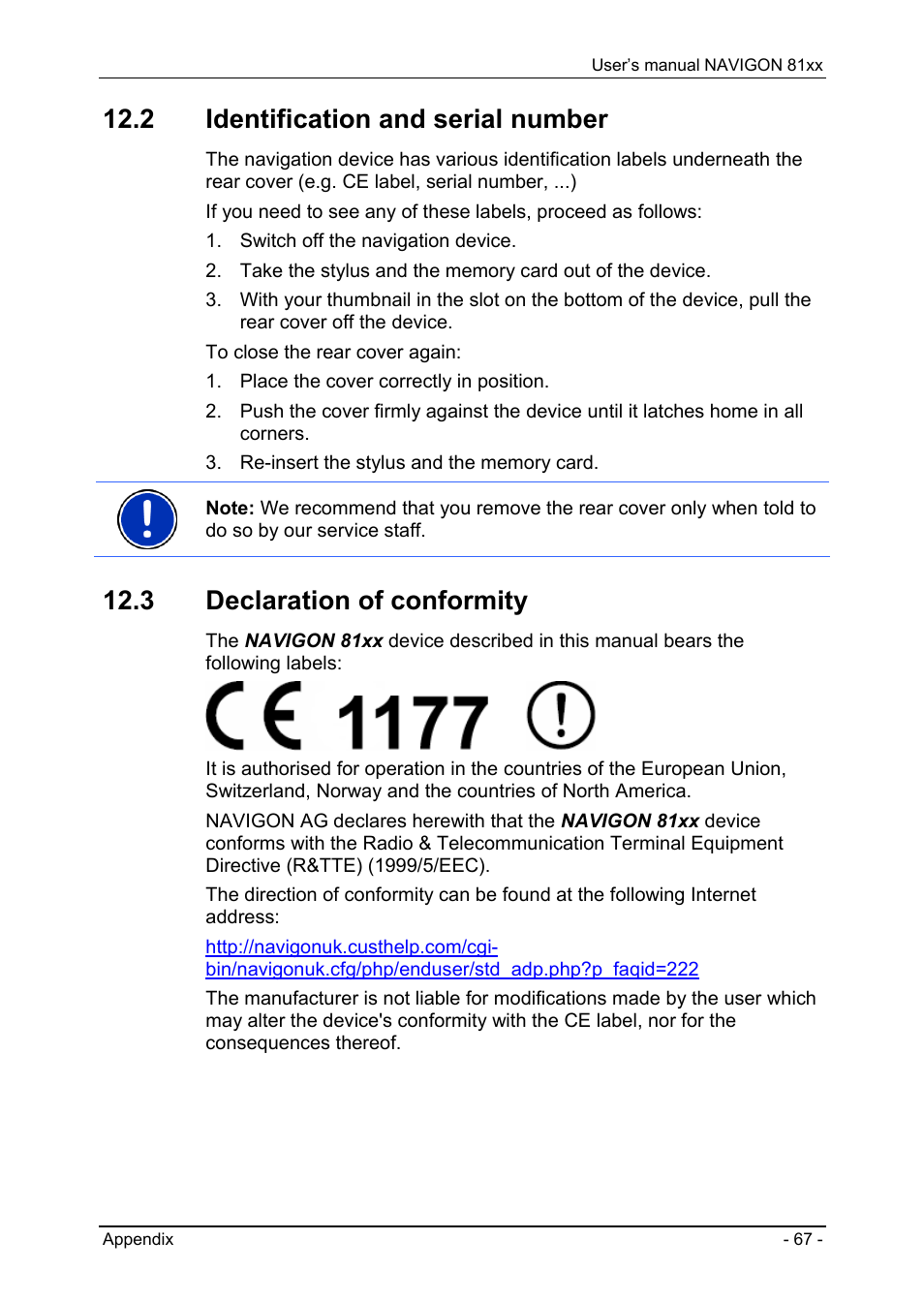 2 identification and serial number, 3 declaration of conformity, Identification and serial number | Declaration of conformity | Navigon 81XX User Manual | Page 67 / 72