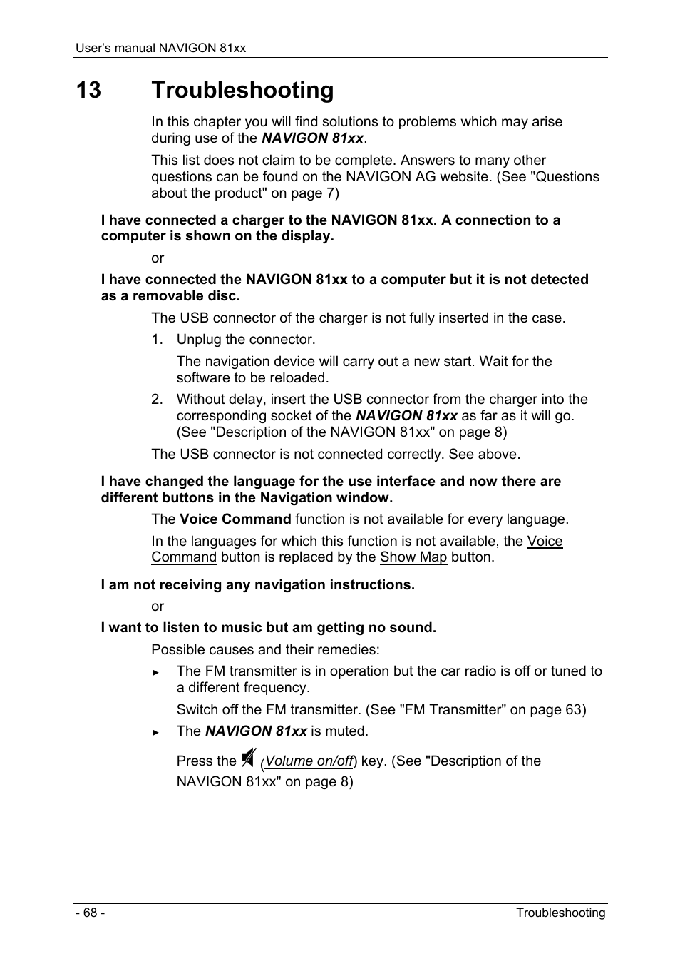 13 troubleshooting, Troubleshooting | Navigon 81XX User Manual | Page 68 / 72