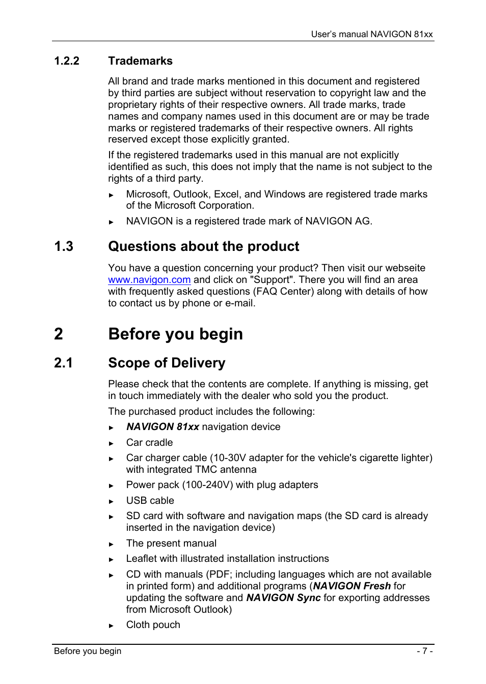 2 trademarks, 3 questions about the product, 2 before you begin | 1 scope of delivery, Trademarks, Questions about the product, Before you begin, Scope of delivery, 2before you begin | Navigon 81XX User Manual | Page 7 / 72