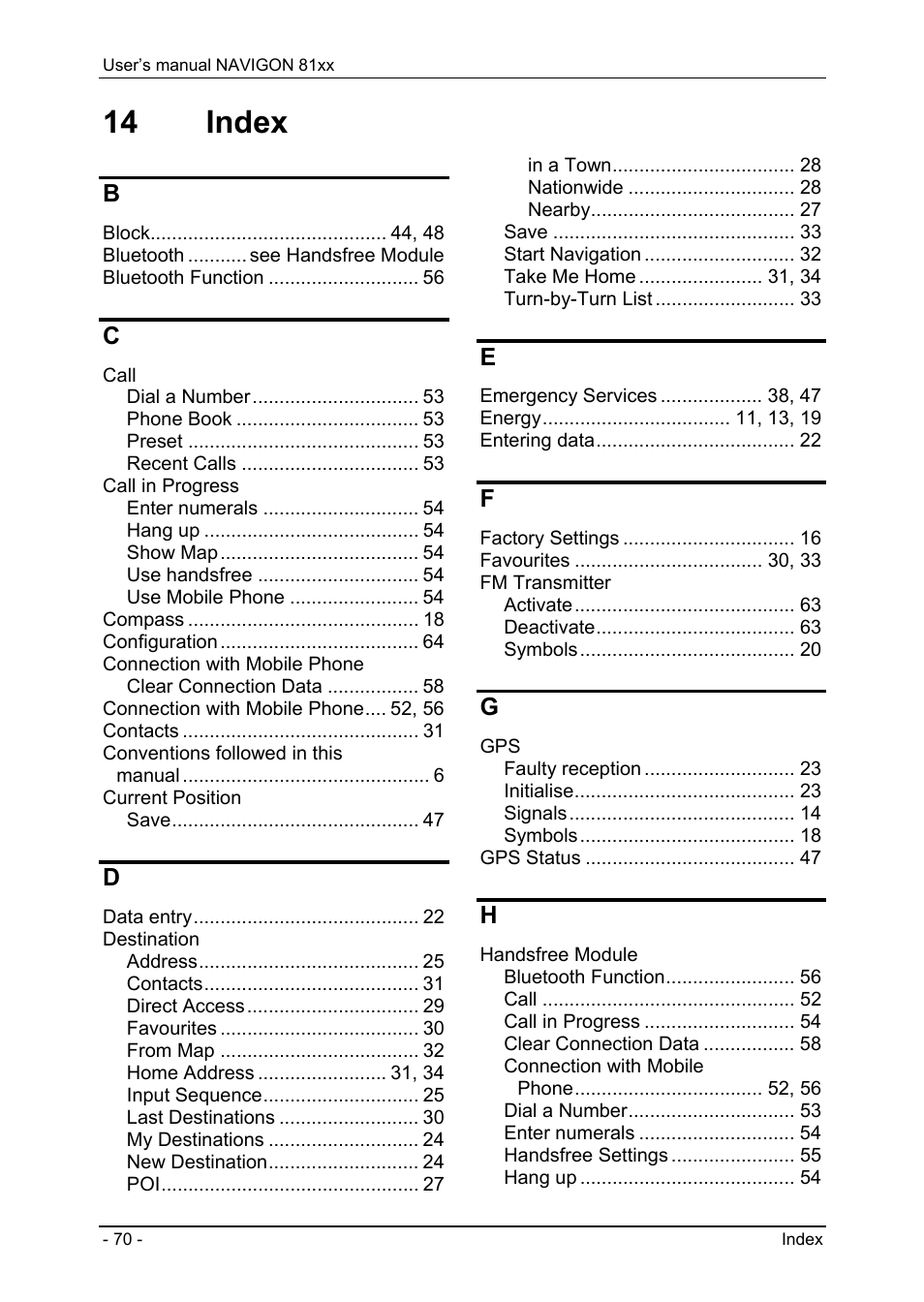 14 index, Index | Navigon 81XX User Manual | Page 70 / 72