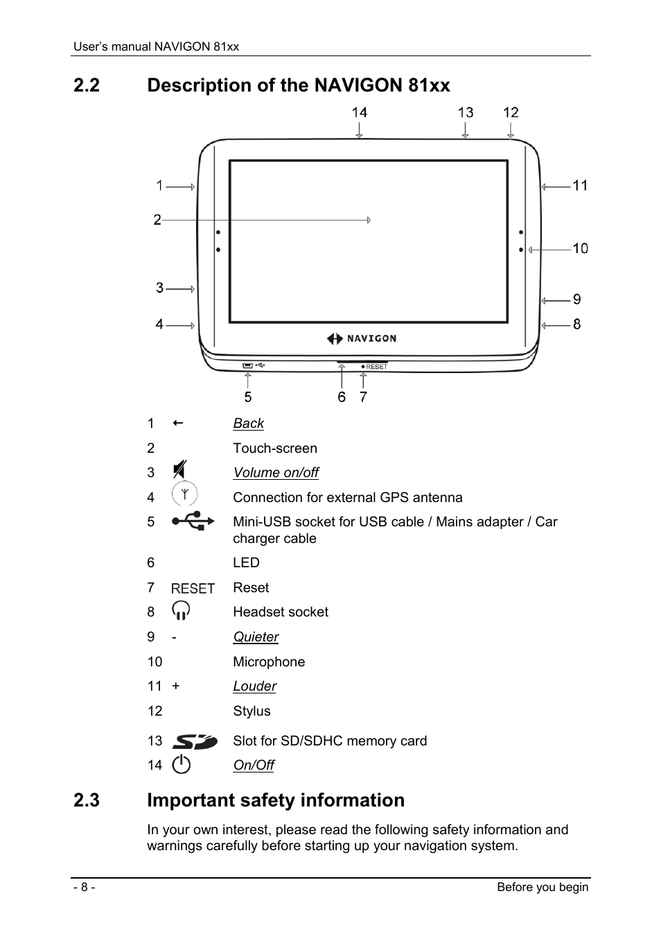 2 description of the navigon 81xx, 3 important safety information, Description of the navigon 81xx | Important safety information | Navigon 81XX User Manual | Page 8 / 72