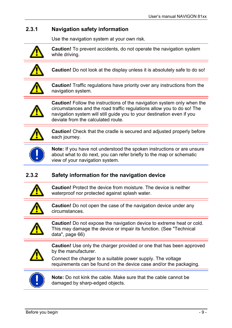 1 navigation safety information, 2 safety information for the navigation device, Navigation safety information | Safety information for the navigation device | Navigon 81XX User Manual | Page 9 / 72