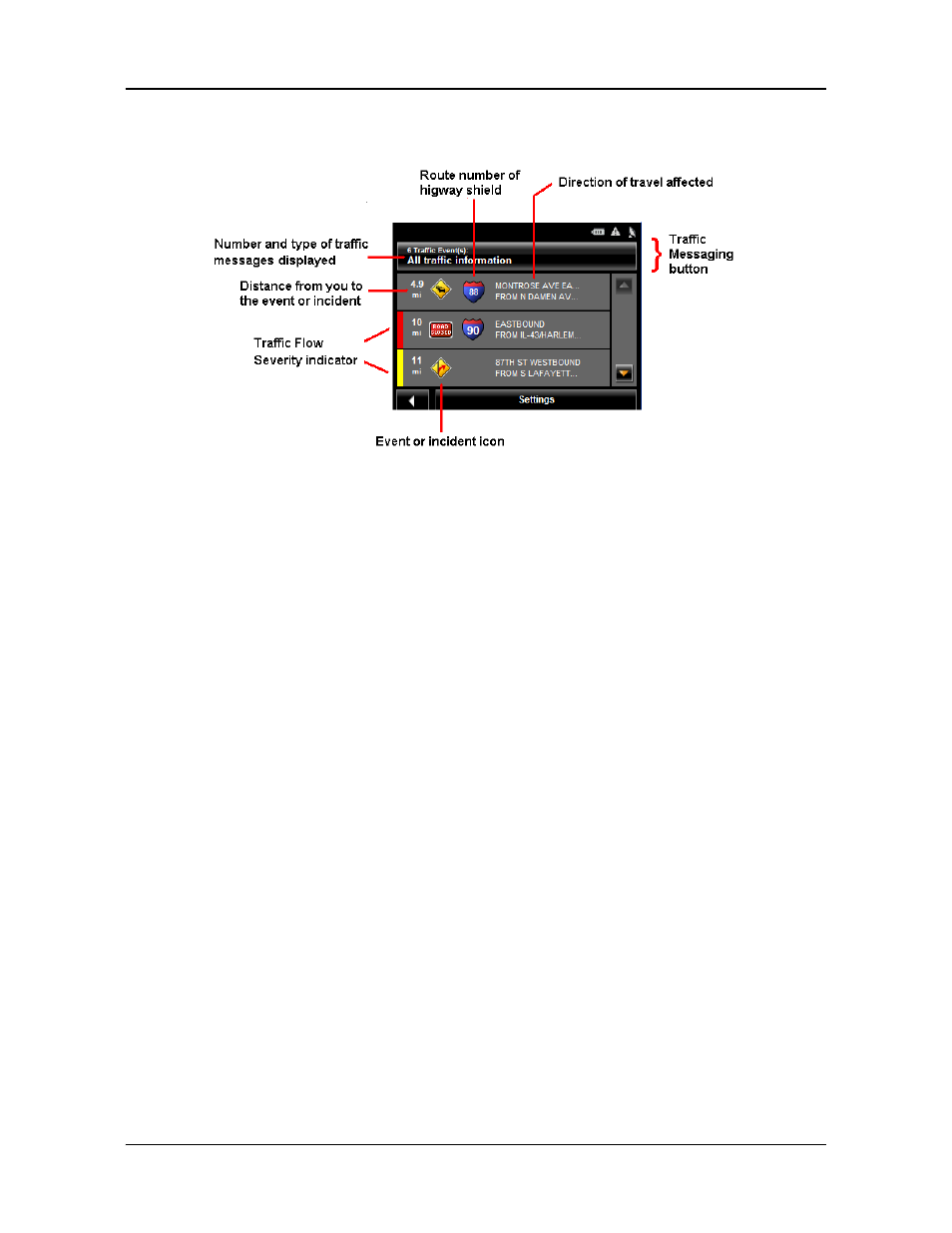 The navigon lifetime traffic window, Types of messages, Specify the type of traffic messages to display | Navigon 2090S User Manual | Page 102 / 126