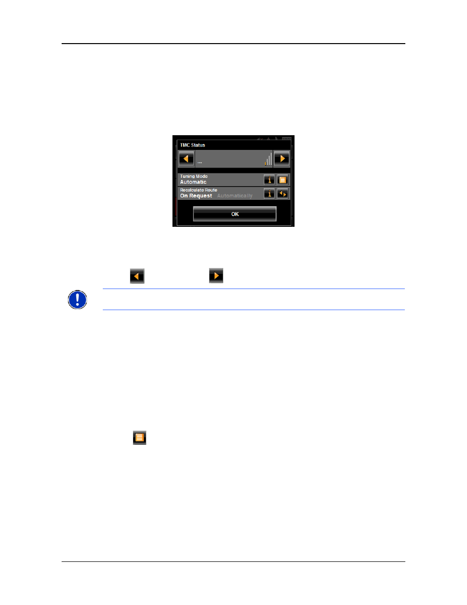 Tmc status window, Select another station, Select tuning mode settings | Recalculating route | Navigon 2090S User Manual | Page 109 / 126